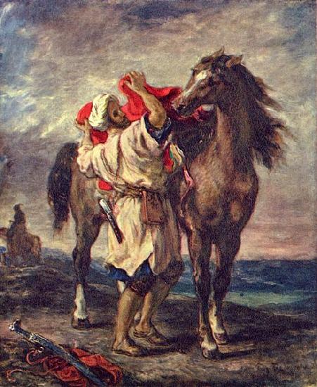 Eugene Delacroix Marokkaner beim Satteln seines Pferdes Norge oil painting art